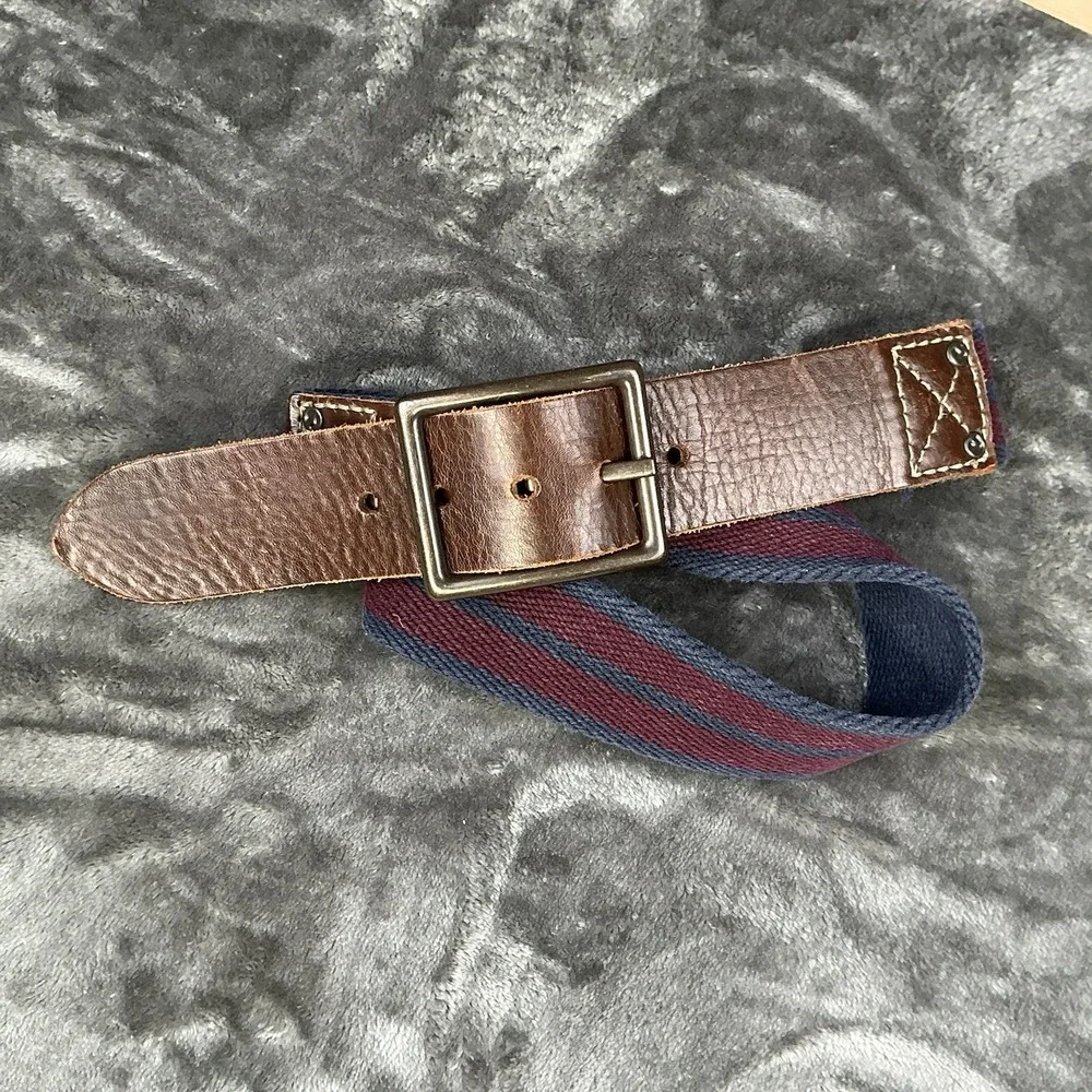 Vintage Aeropostale Navy Striped Canvas & Brown Leather Men's Belt Size 40 (?)